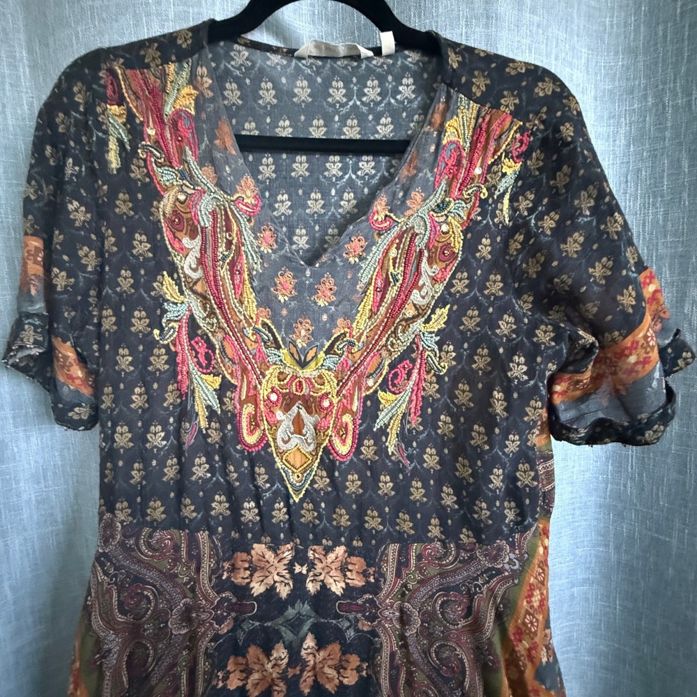 Soft Surroundings Midi Dress Women PS Multicolor Paisley Beaded Embroidered Boho - Picture 2 of 16